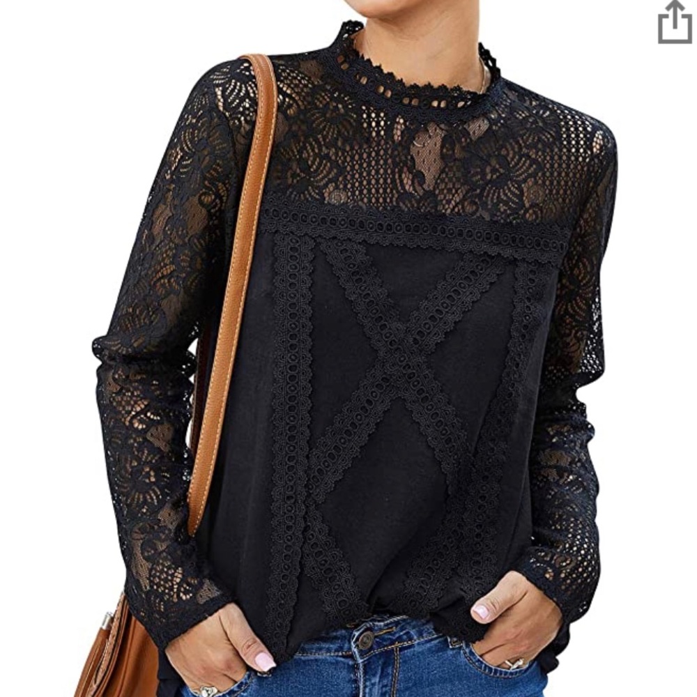 Black Lace Detail Peasant Style Top